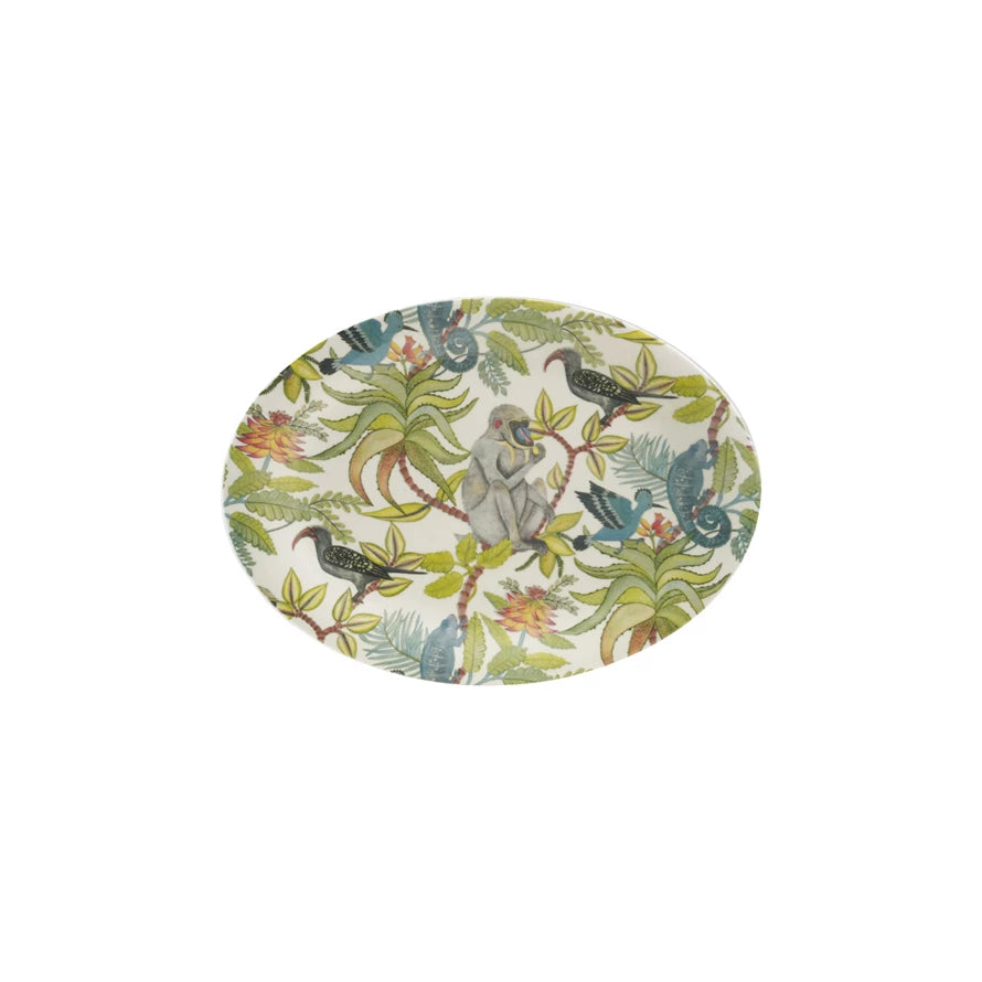 Oval Printed Stoneware Platter w/ Rainforest Botanicals