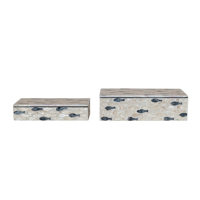 MDF & Capiz Boxes w/ Inlaid Fish, Natural & Charcoal Color, Set of 2