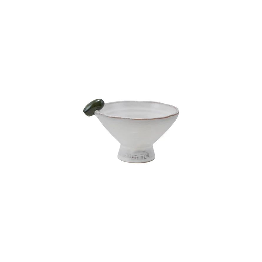 Stoneware Footed Bowl w/ 3D Olive on Rim, Reactive Glaze