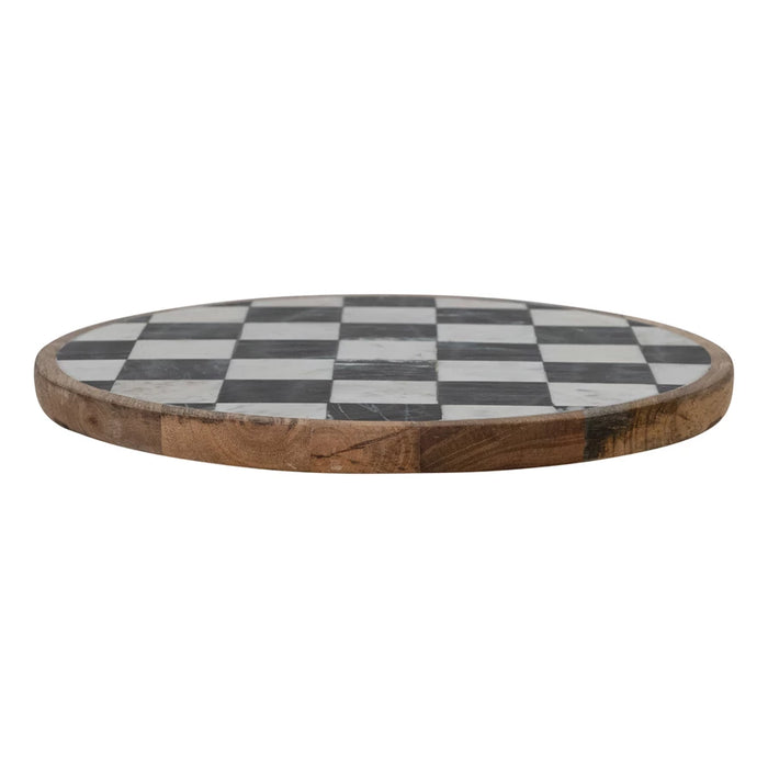 Mango Wood & Marble Check Lazy Susan, White, Black & Natural