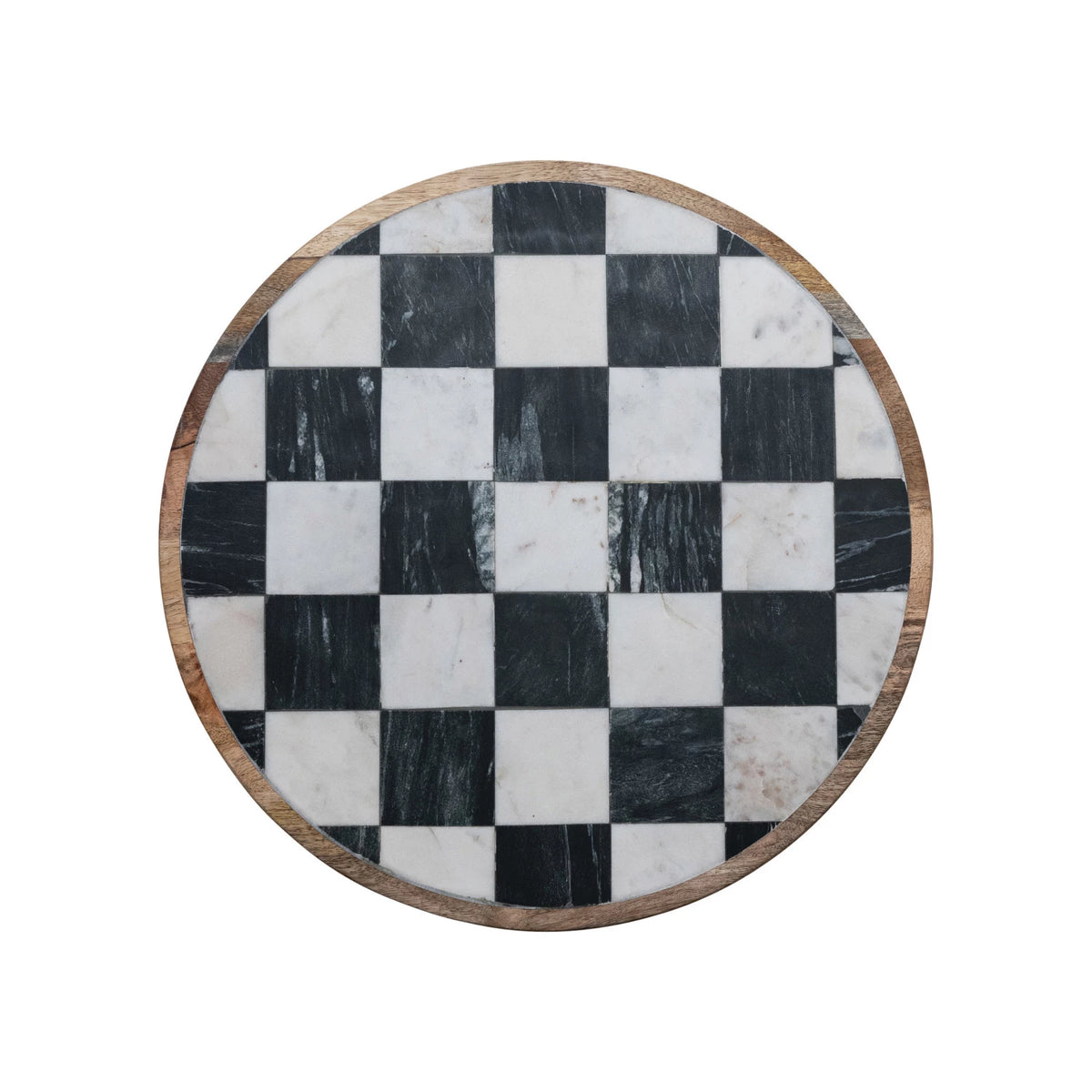 Mango Wood & Marble Check Lazy Susan, White, Black & Natural