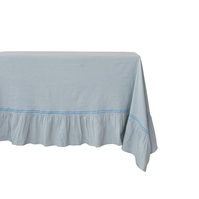 Cotton & Linen Tablecloth w/ Embroidered Trim & Ruffled Edge, Blue