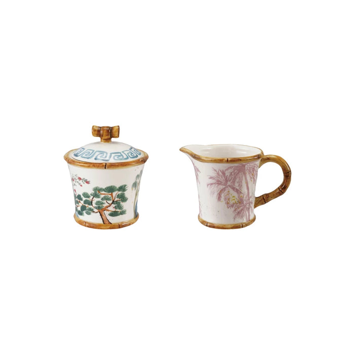 Hand-Painted Stoneware Sugar Pot & Creamer with Bamboo, Set of 2