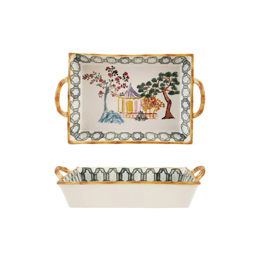 2 Quart Hand-Painted Stoneware Baker with House, Trees, Bamboo Style Edge & Handles