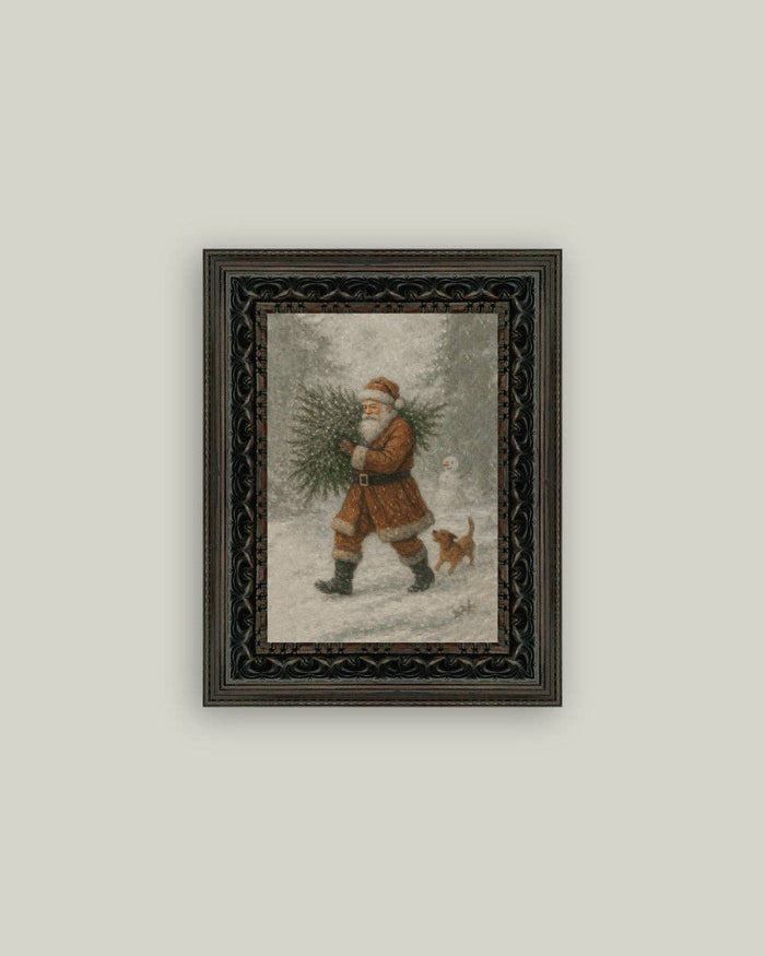 Santa with Tree Framed Antique Art - 5x7