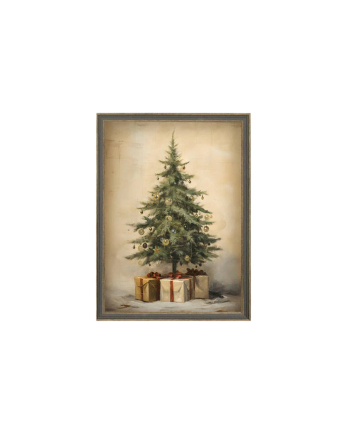 Christmas Tree with Presents Framed Antique Art - 7x9