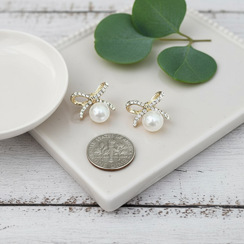 Elizabeth Crystal Bow & Pearl Earrings
