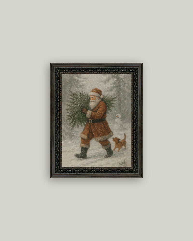 Santa with Tree Framed Antique Art - 5x7