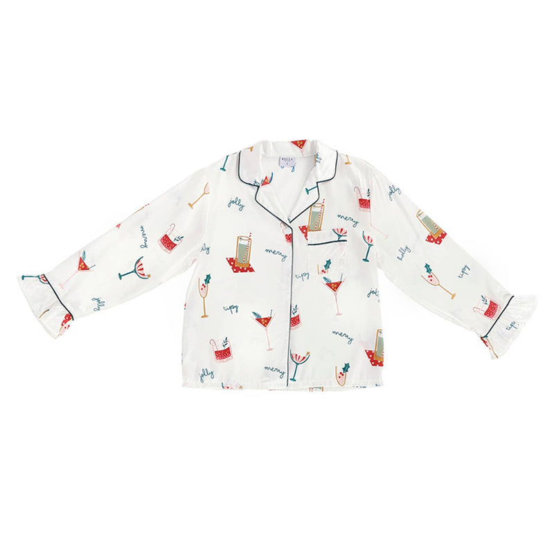 Pajama Set - Ruffle With Velvet Tie - Holiday Drinks