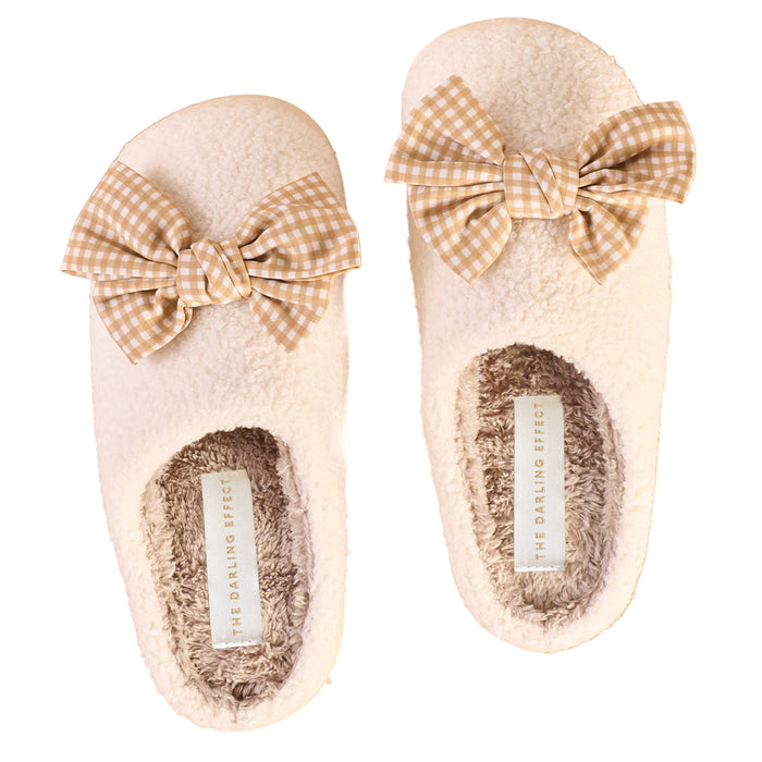 Fuzzy Slippers - Maple Gingham Bow