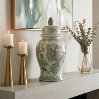 Green/White Floral Round Chinoiserie Vase, 14 in