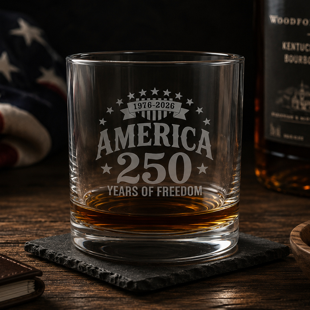 America 250 Years of Freedom Etched Rocks Glass