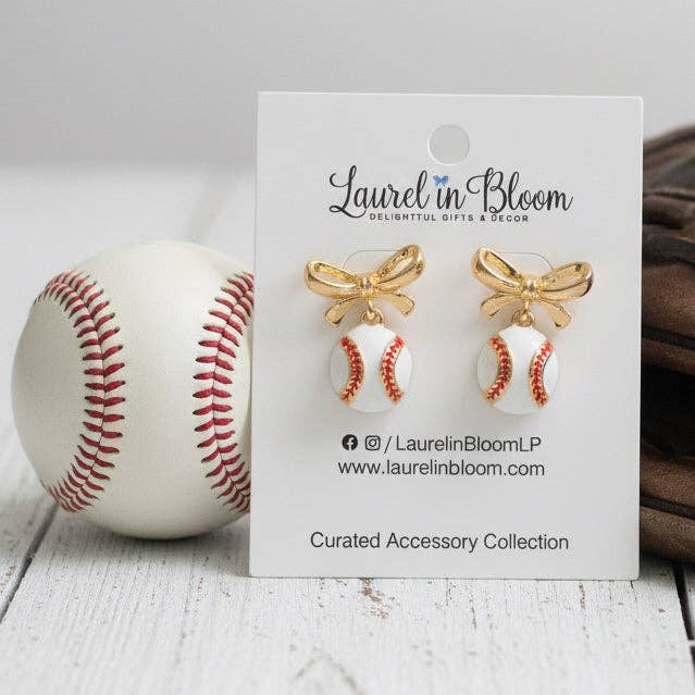 Hadley Baseball & Gold Bows Earrings