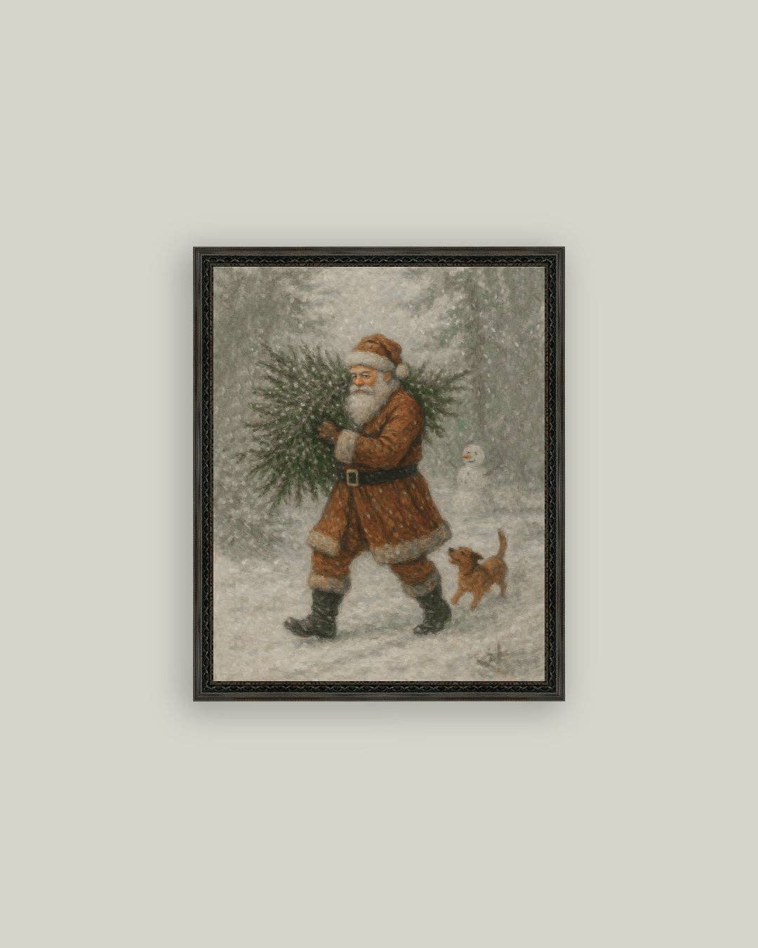 Santa with Tree Framed Antique Art - 5x7