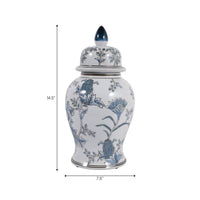 Decorative Jar - Blue/Brown Ceramic Floral Chinoiserie, 15in