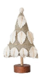 Wool Felt Christmas Tree w/Applique, Pom Poms/Star & Wood Base