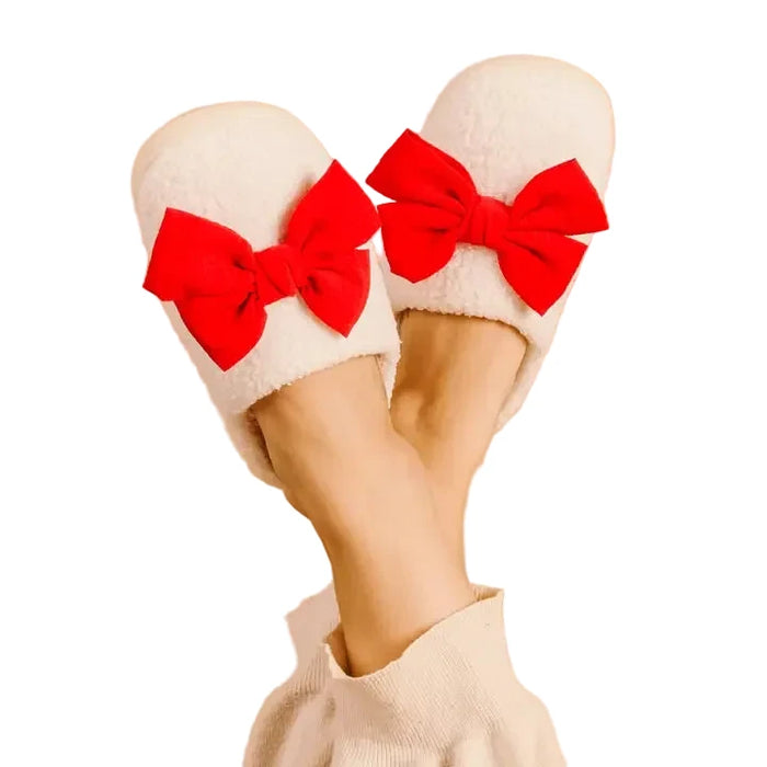 Fuzzy Slippers - Red Bow