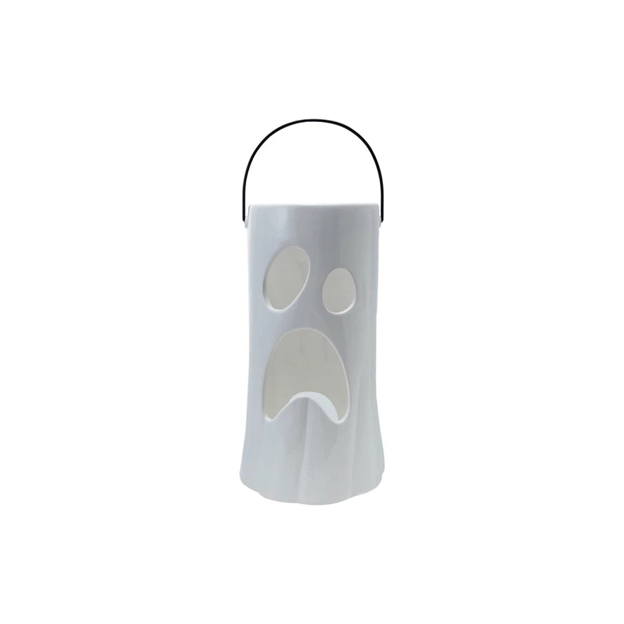Ceramic Lantern with Cut-Out Ghost Face & Metal Handle
