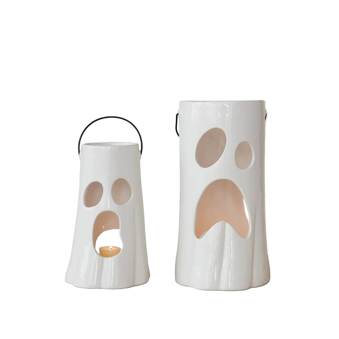 Ceramic Lantern with Cut-Out Ghost Face & Metal Handle