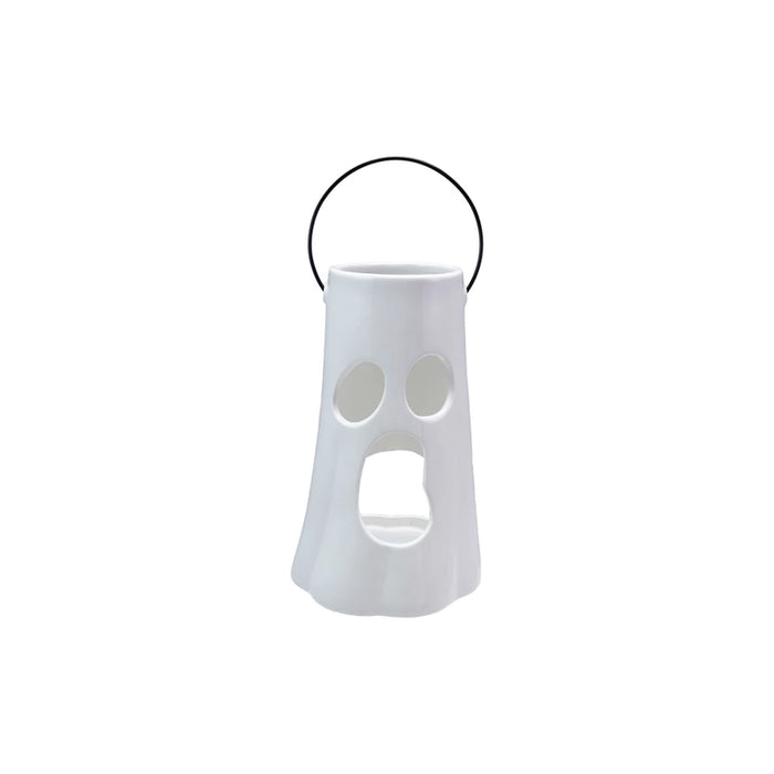 Ceramic Lantern with Cut-Out Ghost Face & Metal Handle