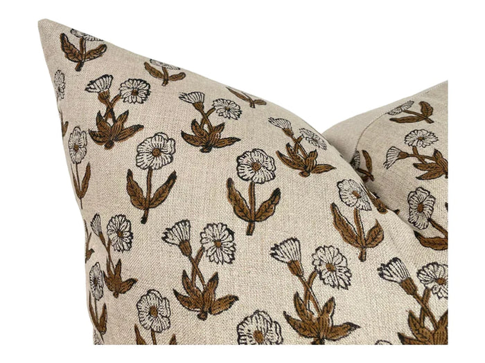 Linen Floral Pillow - Brown Olive and Natural - 20 x 20