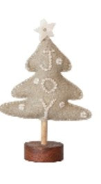 Wool Felt Christmas Tree w/Applique, Pom Poms/Star & Wood Base