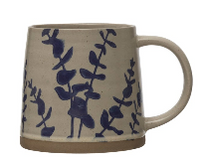 Hand-Stamped Stoneware Mug w/ Blue Botanicals