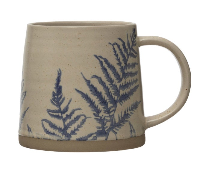 Hand-Stamped Stoneware Mug w/ Blue Botanicals