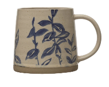 Hand-Stamped Stoneware Mug w/ Blue Botanicals