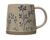 Hand-Stamped Stoneware Mug w/ Blue Botanicals