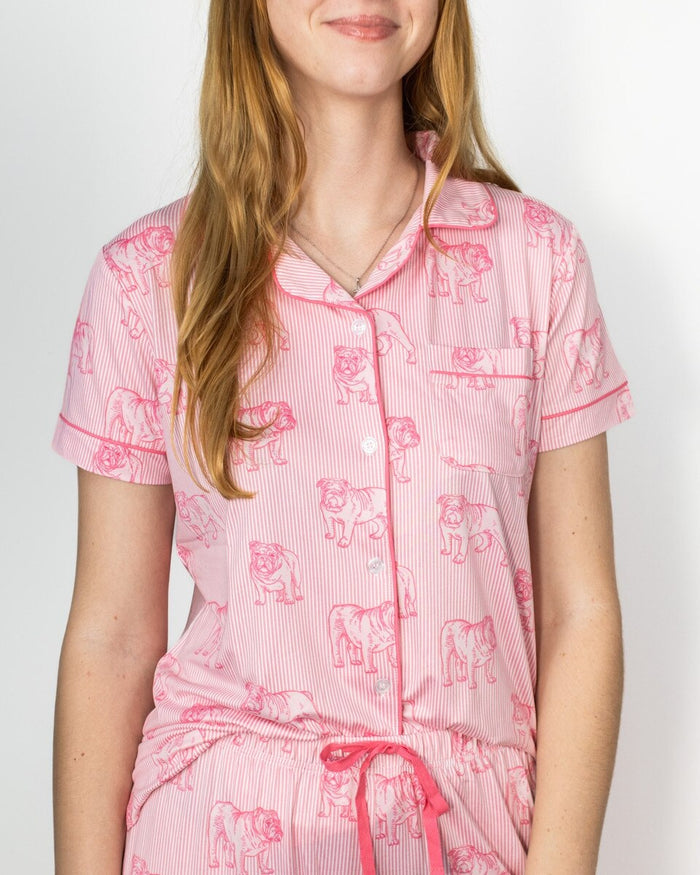 Bulldog Stare Short Sleeve Button Up Sleep Shirt