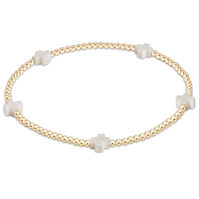 signature cross small gold pattern 2mm bead bracelet - off-white