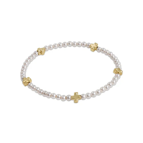 signature cross small pearl pattern 3mm bead bracelet - gold