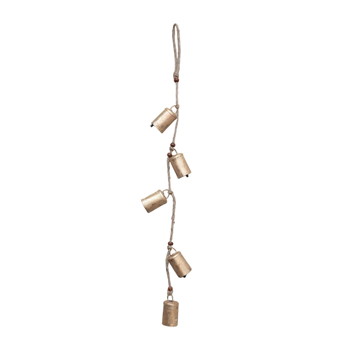 28"H Hanging Metal Bells with Wood Beads and Jute Rope, Antique Brass Finish