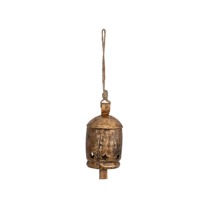 Metal Bell on Jute Rope with Star Cut-Outs, Antique Gold Finish