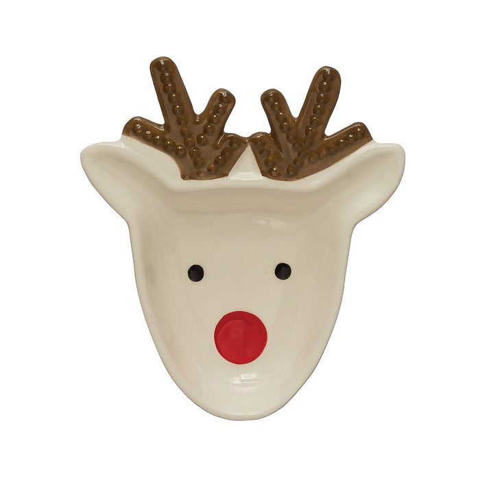 7-1/2"L x 6-1/2"W Ceramic Reindeer Plate, White, Brown and Red