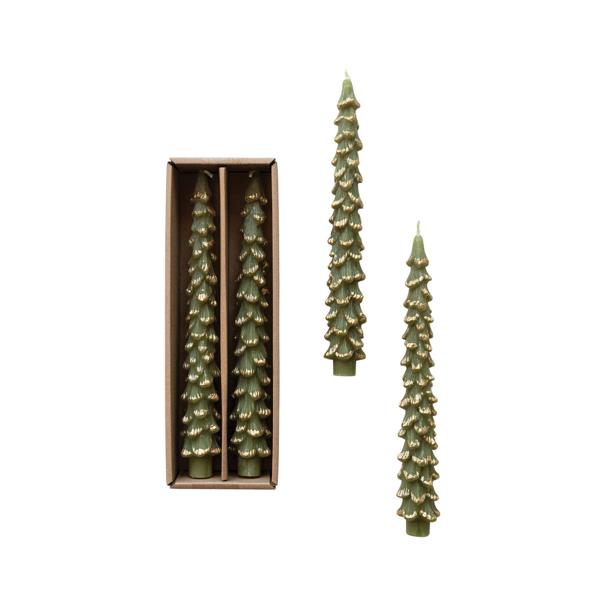 Tree Shaped Taper Candles w/ Gold Tips in Box, Set of 2