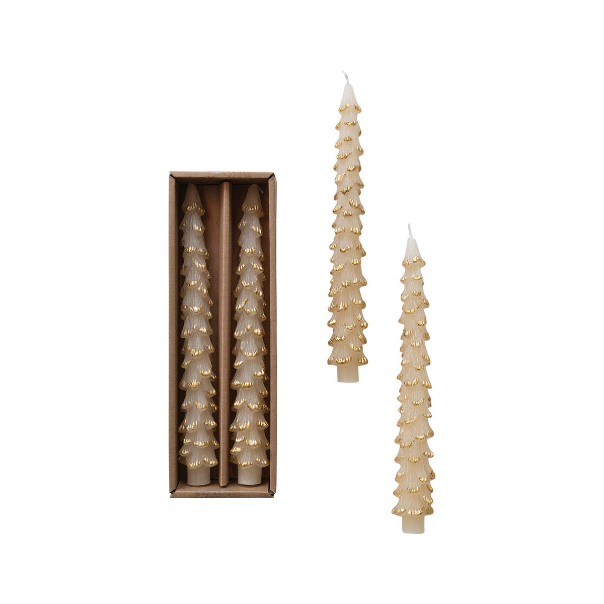 Tree Shaped Taper Candles w/ Gold Tips in Box, Set of 2
