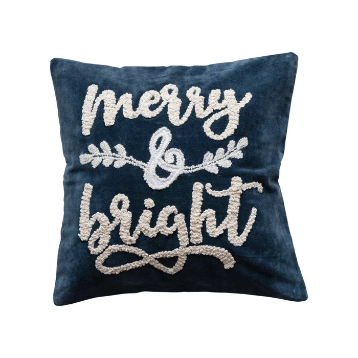 Velvet Square Pillow w/ Embroidered "Merry & Bright"