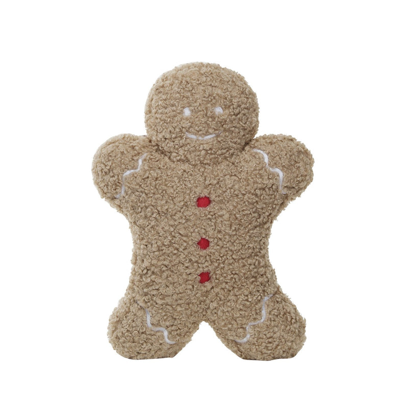 14-1/2"L x 10-1/2"H Fabric Bouclé Gingerbread Man Shaped Pillow, Brown, Red & White