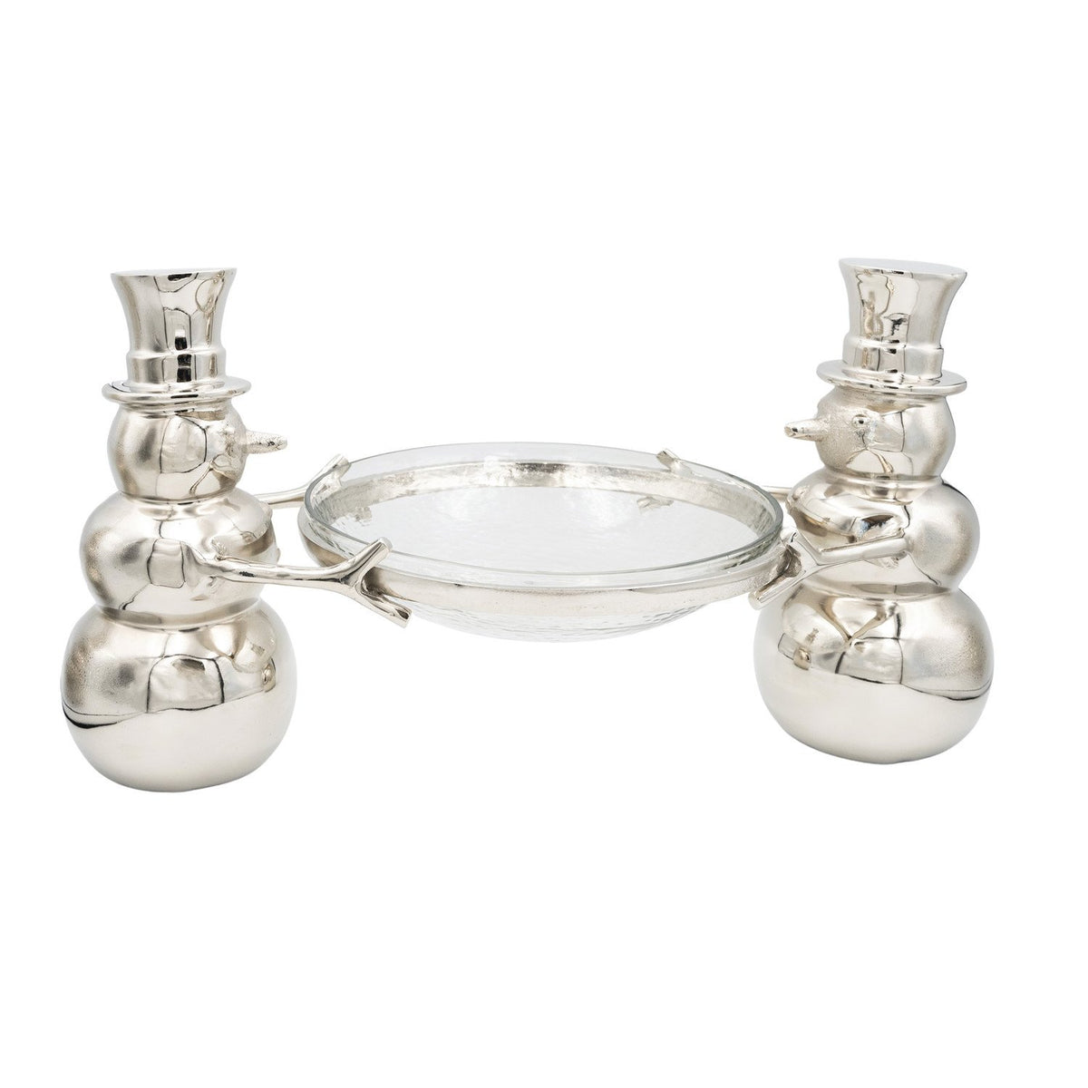 Cast Aluminum Snowmen Holding Hammered Glass Bowl, Set of 2