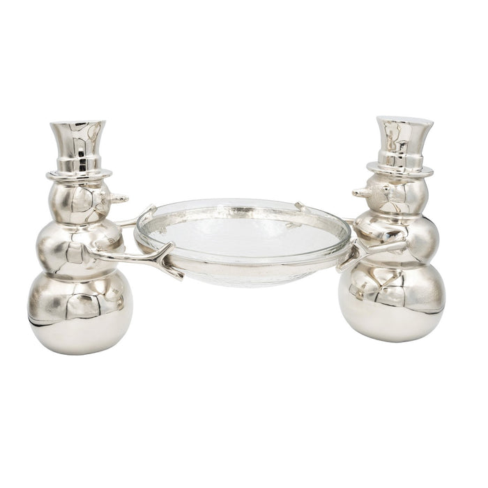 Cast Aluminum Snowmen Holding Hammered Glass Bowl, Set of 2