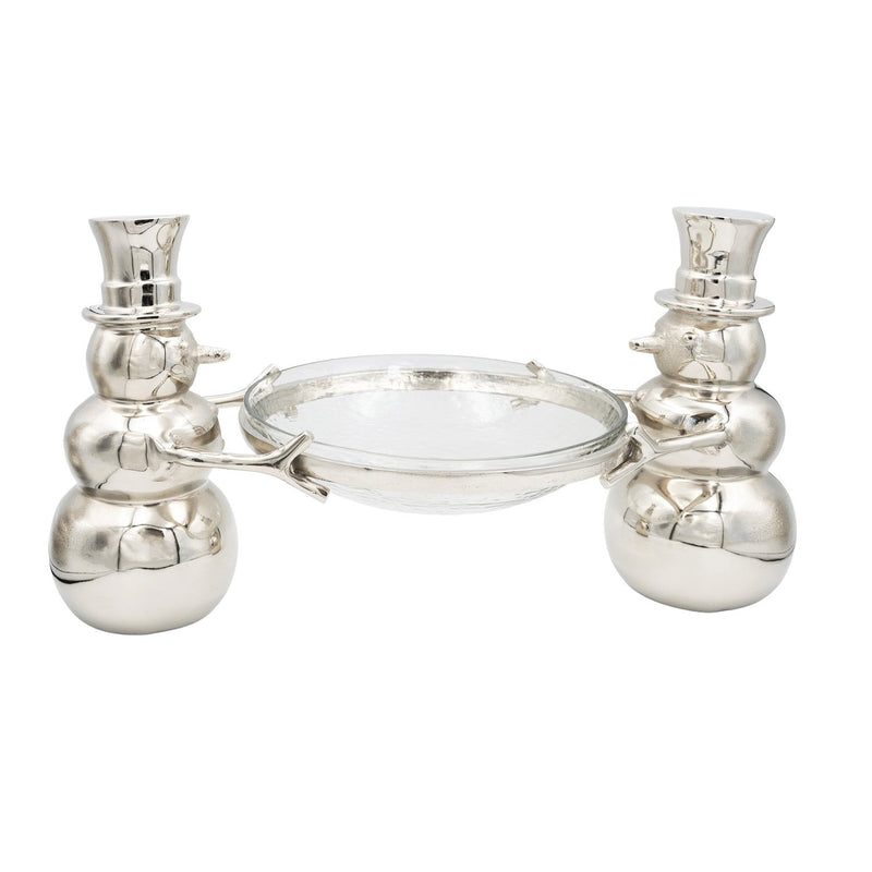 Cast Aluminum Snowmen Holding Hammered Glass Bowl, Set of 2