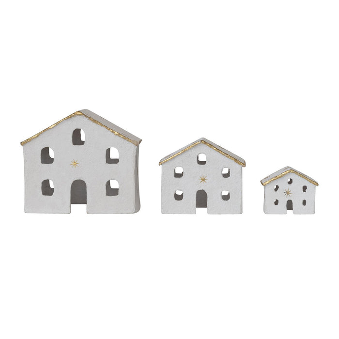 Paper Mache Houses with Gold Foil Stars & Trim, White, Set of 3