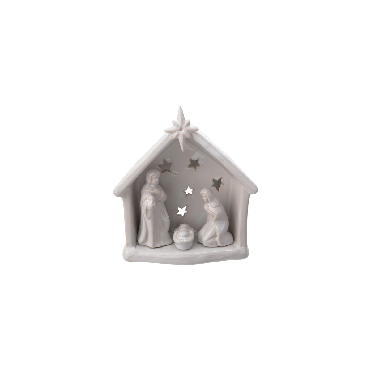 Stoneware Holy Family Tealight Holder with Star Cut-Outs