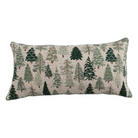 Cotton & Linen Lumbar Pillow with Tree Pattern, Beads & Mini Pom Pom Trim