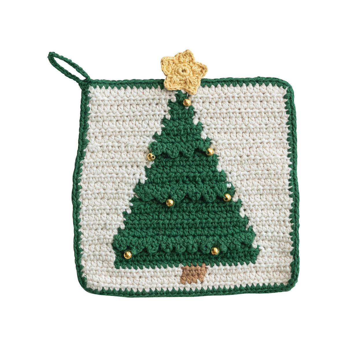 Crocheted Pot Holder with Christmas Tree & Beads