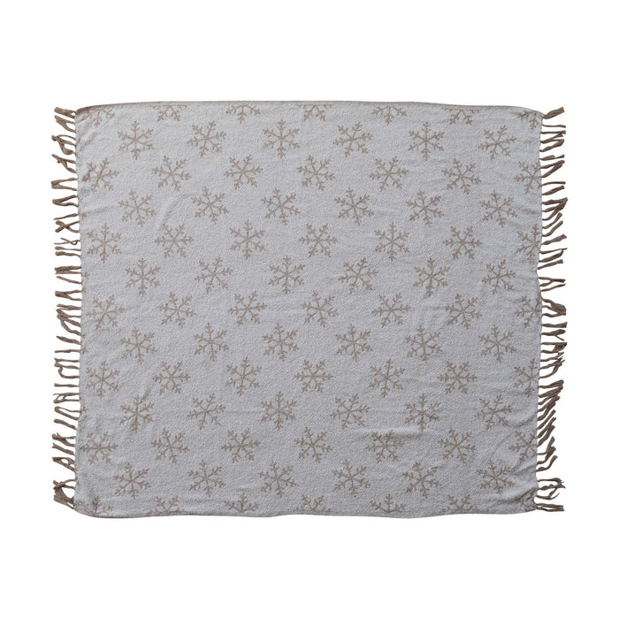 Woven Recycled Fabric Jacquard Throw with Snowflake Pattern & Fringe