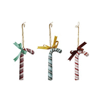 Hand-Painted Paper Mache Candy Cane Ornament with Bow, 3 Colors ©