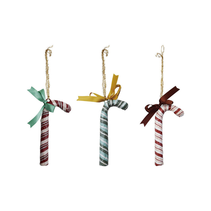 Hand-Painted Paper Mache Candy Cane Ornament with Bow, 3 Colors ©